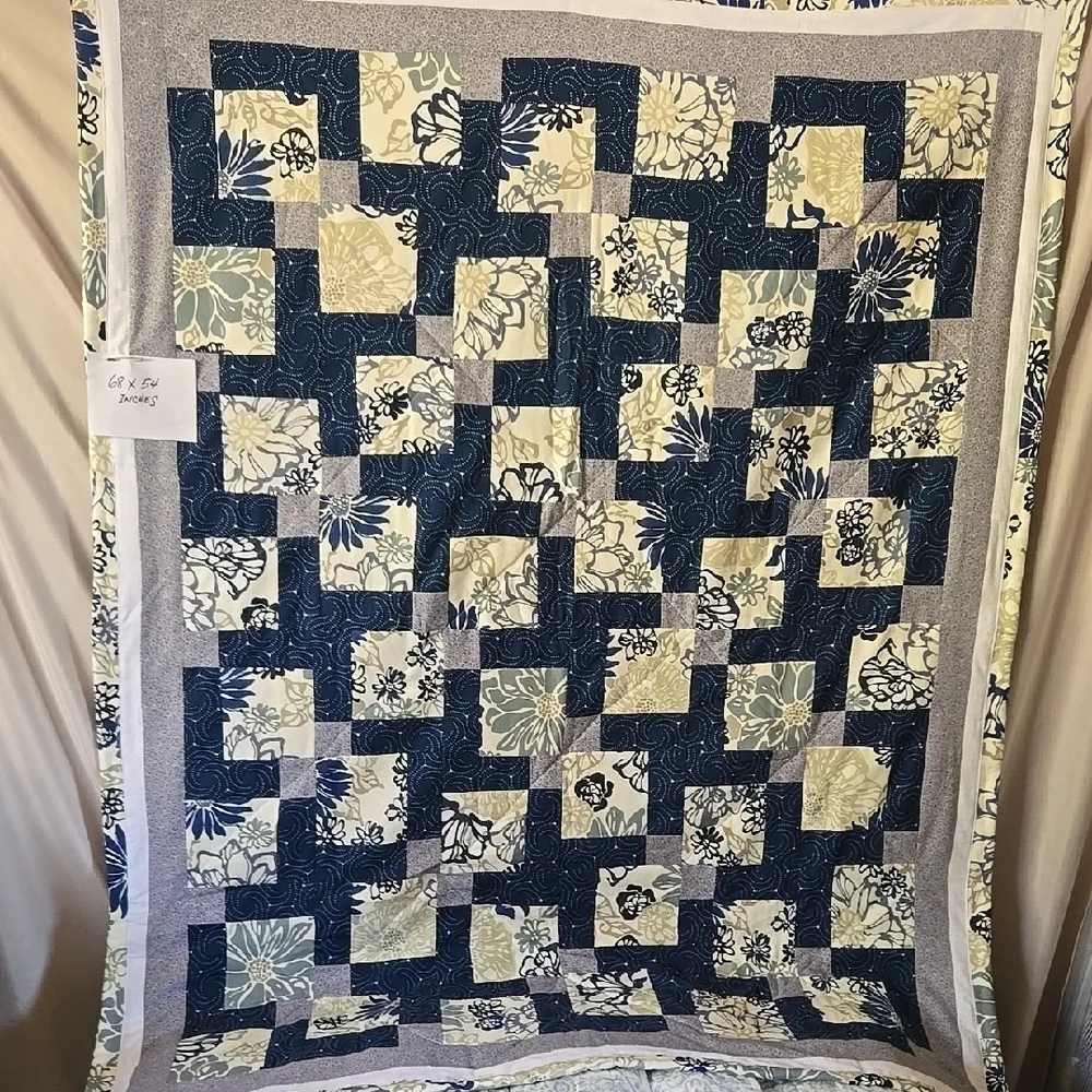 Cream and Blue Patchwork Quilt with Geometric Design
